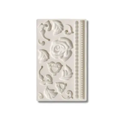Silikonová forma Růže, listy a bordury, 25,5 × 12,5 cm