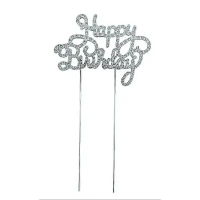 Kovový zápich do dortu Happy Birthday stříbrný s kamínky 16,5 cm