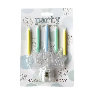 Svíčky s LED nápisem Happy Birthday žluté, zelené a modrá, 11,5 cm