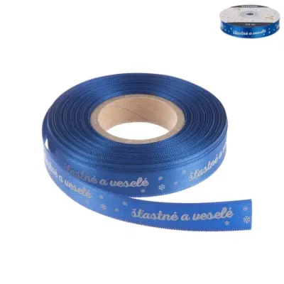 Vánoční stuha modrá Šťastné a veselé 15 mm × 25 m – Orion