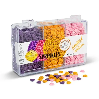 Cukrová srdíčka fialová, růžová perleť a zlatá 120 g – 4Cake