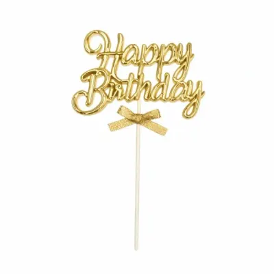 Zápich do dortu zlatý Happy Birthday s mašličkou 19,5 cm