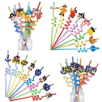 Plastová spirálová brčka s pirátskými motivy 26 cm (4 ks)