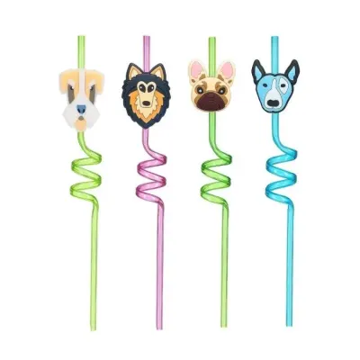 Plastová spirálová brčka se psy, 27 cm (4 ks)