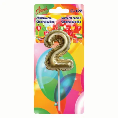 Dortová svíčka číslice 2 balónek zlatá 6 × 3 cm – Alvarak