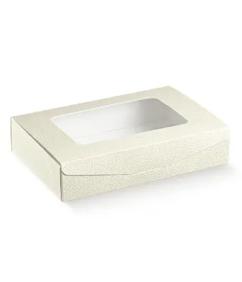 Krabice na cukroví s průhledem bílá kůže 24 × 16 × 5 cm – 1 ks