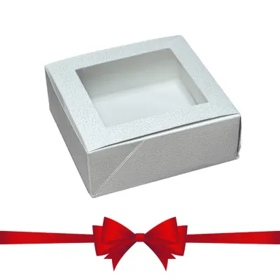 Krabice na cukroví s průhledem bílá imitace kůže 16 x 16 x 6 cm