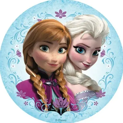 Frozen – Anna a Elsa v modrém rámu – jedlý obrázek na dort