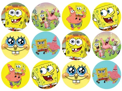 Spongebob – 12 koleček s obličeji – jedlý papír na hranatý dort