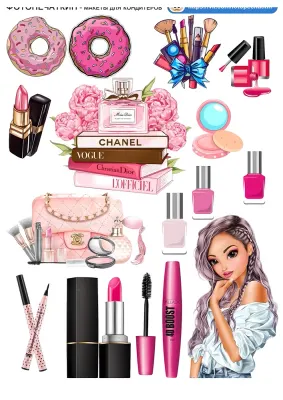 Make-up a móda – dívka, kosmetika a koblihy – jedlý papír na hranatý dort
