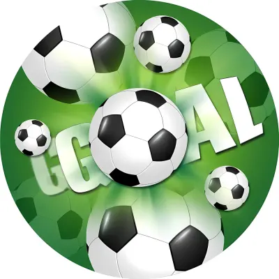 Fotbal – míče s nápisem GOAL na zeleném pozadí – jedlý obrázek na dort