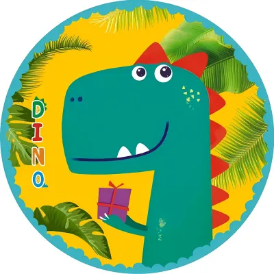 Dinosauři – usměvavý zelený dinosaurus s dárkem – jedlý obrázek na dort
