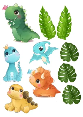Dinosauři – roztomilá mláďata a tropické listy – jedlý papír na hranatý dort