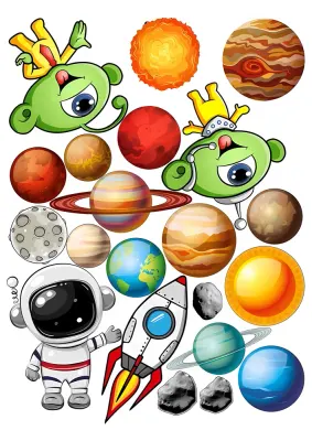 Vesmír – kosmonaut, raketa, mimozemšťané a planety – jedlý papír na hranatý dort