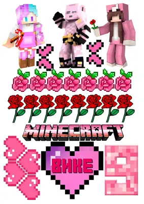 Minecraft – dívčí růžové postavy, růže a srdíčka – jedlý papír na hranatý dort