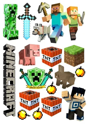 Minecraft – Steve, Alex, Creeper a TNT bloky – jedlý papír na hranatý dort