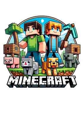 Minecraft – Hráči s krumpáčem a zvířátka s logem – jedlý papír na hranatý dort