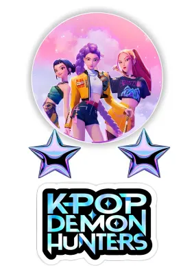 K-pop lovkyně démonů – dívčí trio s nápisem a hvězdami – jedlý papír na hranatý dort