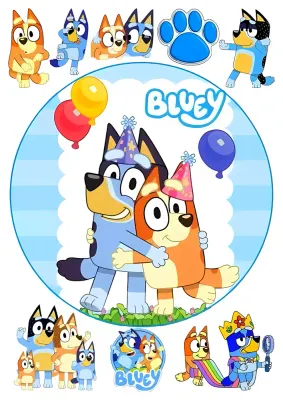 Bluey – Bluey a Bingo s balónky a postavičky – jedlý papír na hranatý dort