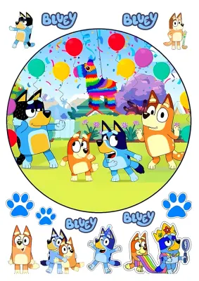 Bluey – rodinka na zahradní oslavě s piňatou – jedlý papír na hranatý dort