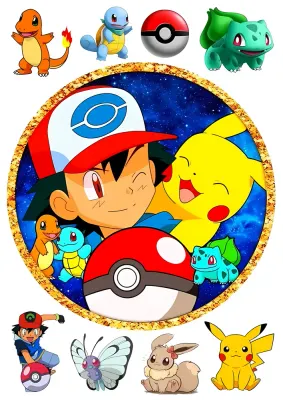 Pokémon – Ash Ketchum a Pikachu s Pokébally – jedlý papír na hranatý dort