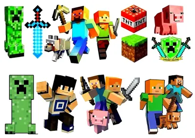 Minecraft – Steve, Alex, Creeper a postavičky k vystřižení – jedlý papír na hranatý dort