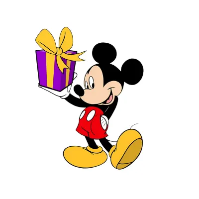 Mickey Mouse – s fialovým dárkem – jedlý obrázek na dort