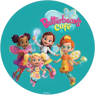 Butterbean's Café – víly a logo na tyrkysovém pozadí – jedlý obrázek na dort