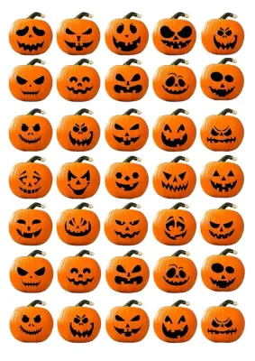 Halloween – oranžové dýně s různými obličeji – jedlý papír na hranatý dort