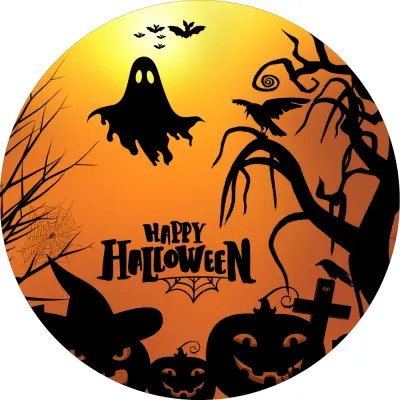Halloween – duch, dýně a netopýři v měsíční noci – jedlý obrázek na dort
