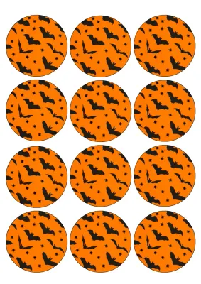 Halloween – netopýři a pavouci na oranžovém měsíci – jedlý papír na hranatý dort