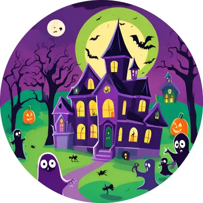 Halloween – Strašidelný dům, duchové a dýně – jedlý obrázek na dort