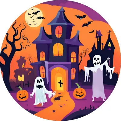 Halloween – strašidelný zámek s duchy a dýněmi – jedlý obrázek na dort
