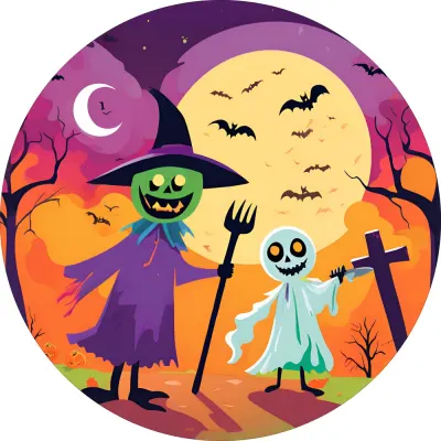 Halloween – strašák a duch pod měsícem – jedlý obrázek na dort