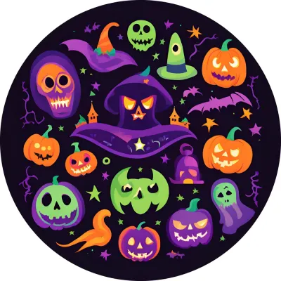 Halloween – strašidelné dýně, čarodějnické klobouky a lebky – jedlý obrázek na dort