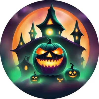 Halloween – Strašidelný dům a vyřezávané dýně – jedlý obrázek na dort