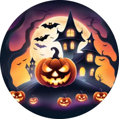 Halloween – strašidelný hrad a svítící dýně za úplňku – jedlý obrázek na dort