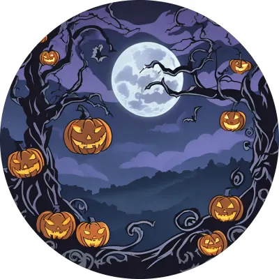 Halloween – strašidelné dýně ve větvích a úplněk – jedlý obrázek na dort