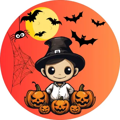 Halloween – malý čaroděj s dýněmi a netopýry – jedlý obrázek na dort