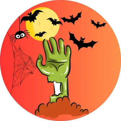 Halloween – Zombie ruka, netopýři a pavouk – jedlý obrázek na dort