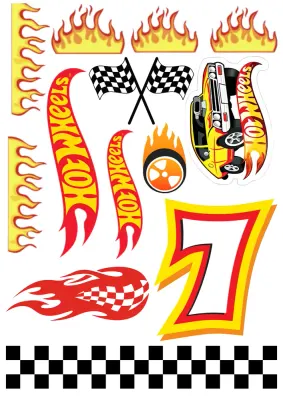 Hot Wheels – závodní auto, číslo 7 a plameny – jedlý papír na hranatý dort