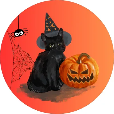 Halloween – černá kočka s čarodějnickým kloboukem a dýně – jedlý obrázek na dort