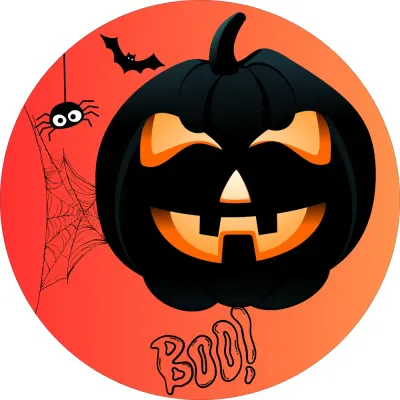 Halloween – černá dýně s nápisem Boo! – jedlý obrázek na dort