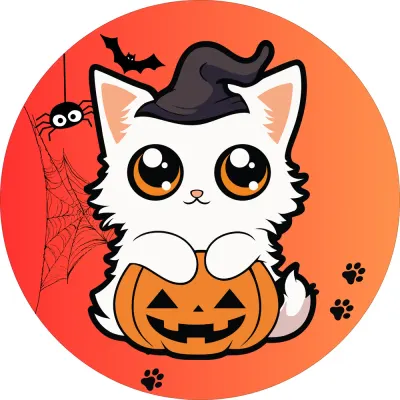 Halloween – Bílé koťátko s čarodějnickým kloboukem a dýní – jedlý obrázek na dort