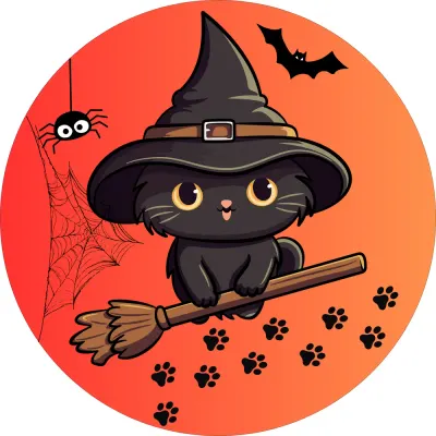 Halloween – černá kočička čarodějka na koštěti – jedlý obrázek na dort