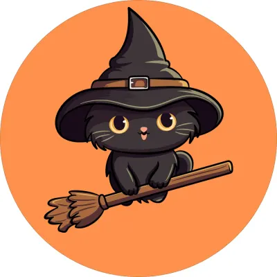 Halloween – Černá kočička na koštěti v čarodějnickém klobouku – jedlý obrázek na dort