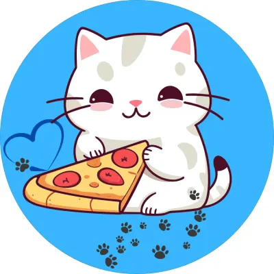 Kočička – bílá s kouskem pizzy na modrém pozadí – jedlý obrázek na dort