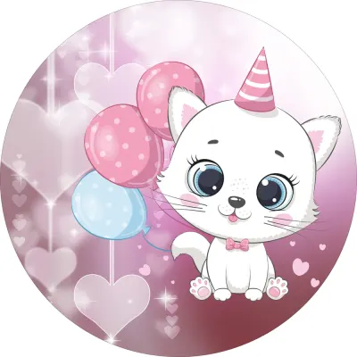 Bílé koťátko – s balónky a narozeninovou čepičkou – jedlý obrázek na dort