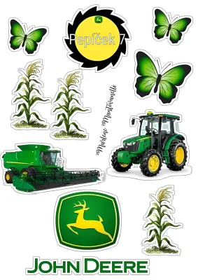 John Deere – traktor, kombajn a kukuřice – jedlý papír na hranatý dort