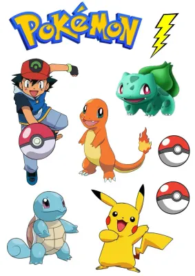 Pokémon – Ash Ketchum, Pikachu a startovní Pokémoni – jedlý papír na hranatý dort